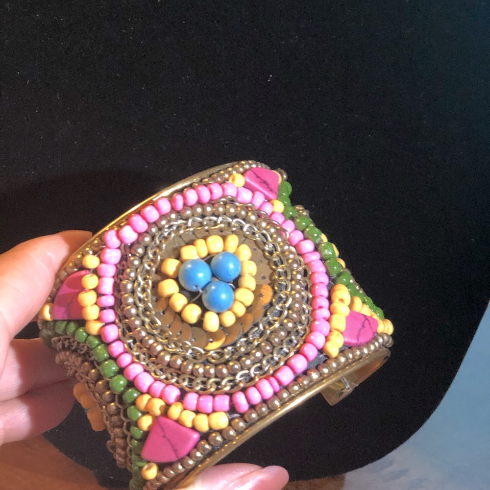 Boho cuff multi colored bead bracelet - Picture 4 of 6